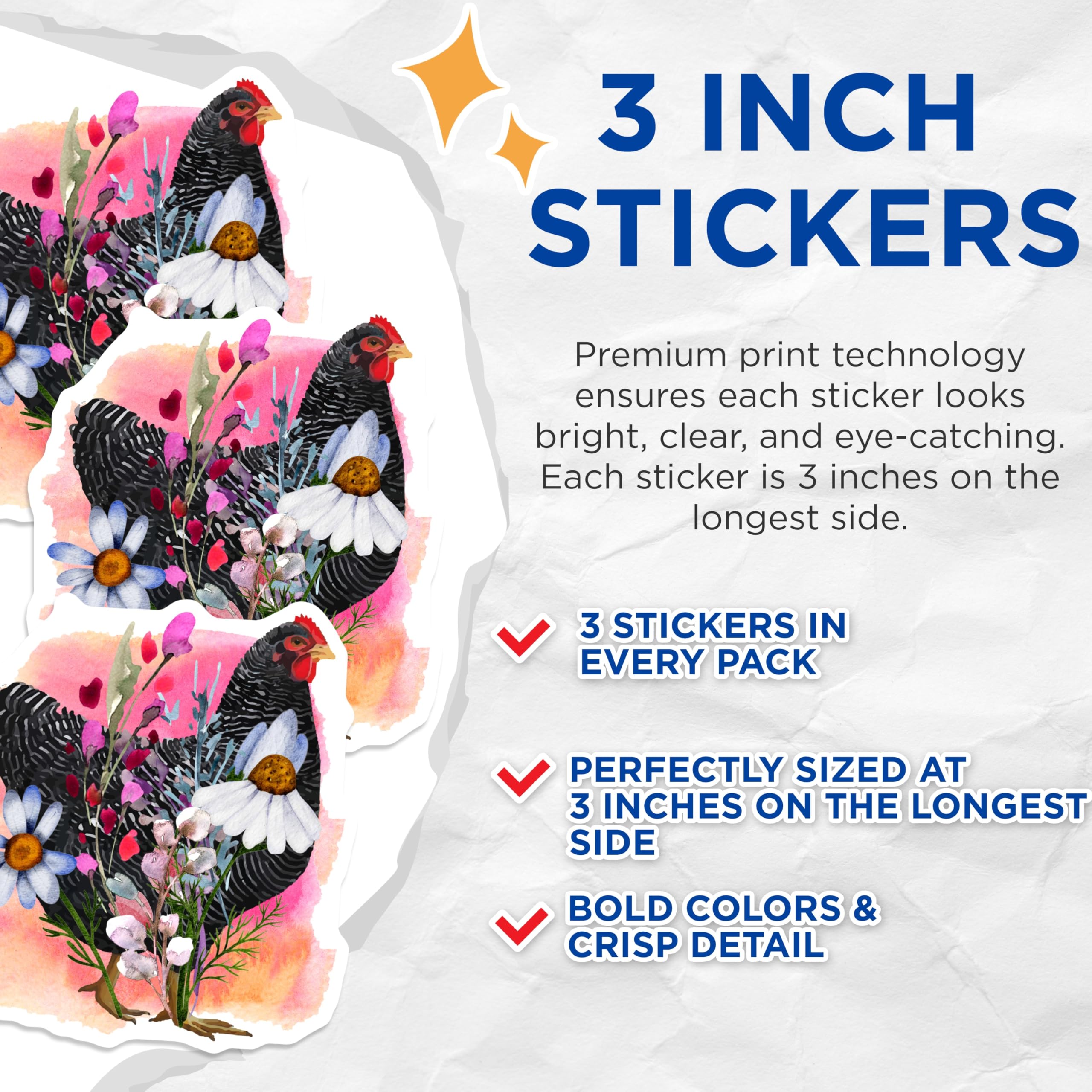 (3 Pack) Floral Chicken Decals - Watercolor Farm Animal - Laptop Decal - 3 Inches On Longest Side - Easy Peel & Apply - Made in USA - 3MCS4585