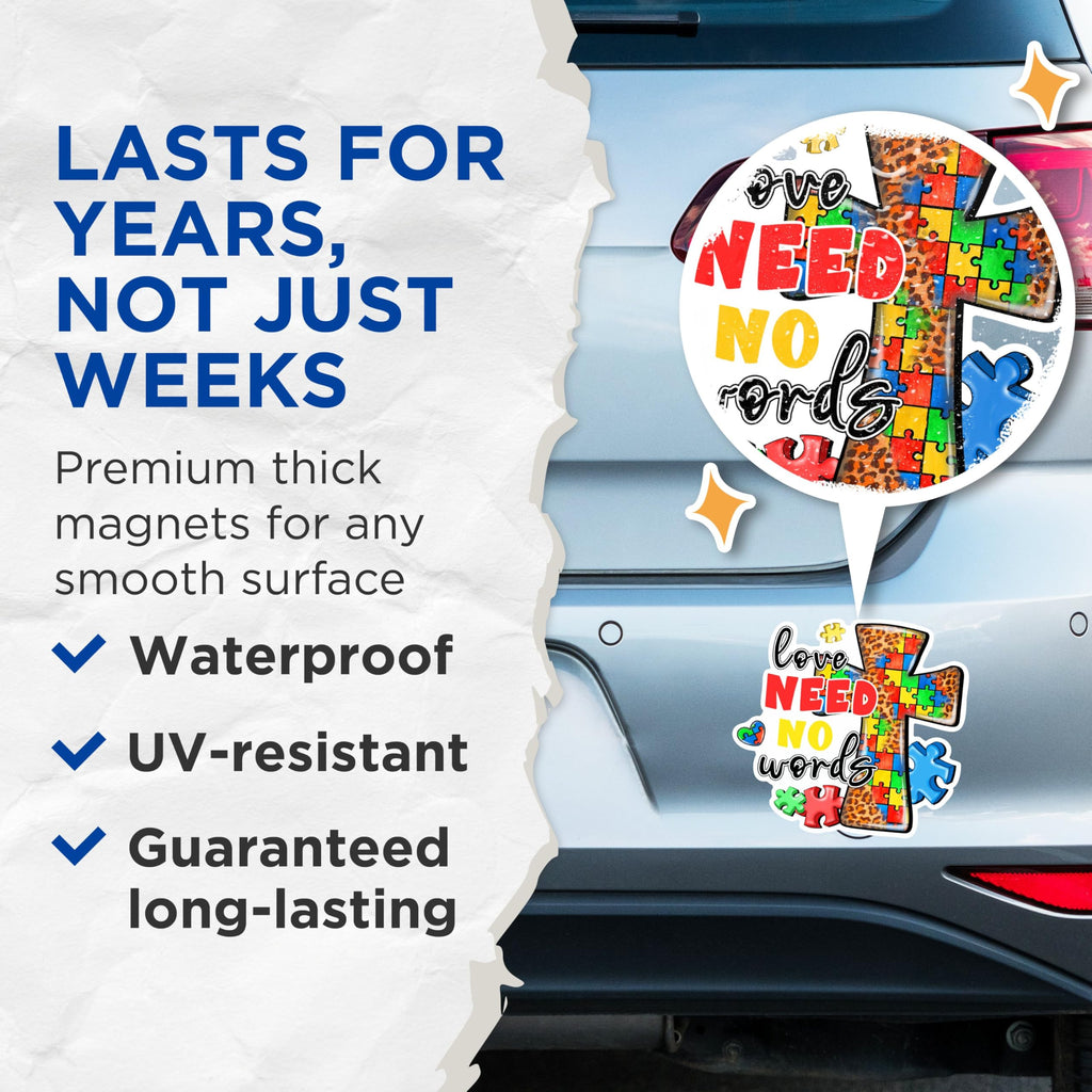 (2 Pack) Love Need No Words Magnets - Autism Awareness Magnets - Puzzle Piece Magnets- 5" On Longest Side - for Fridges, Toolboxes, Cars - Made in USA - MAG2980