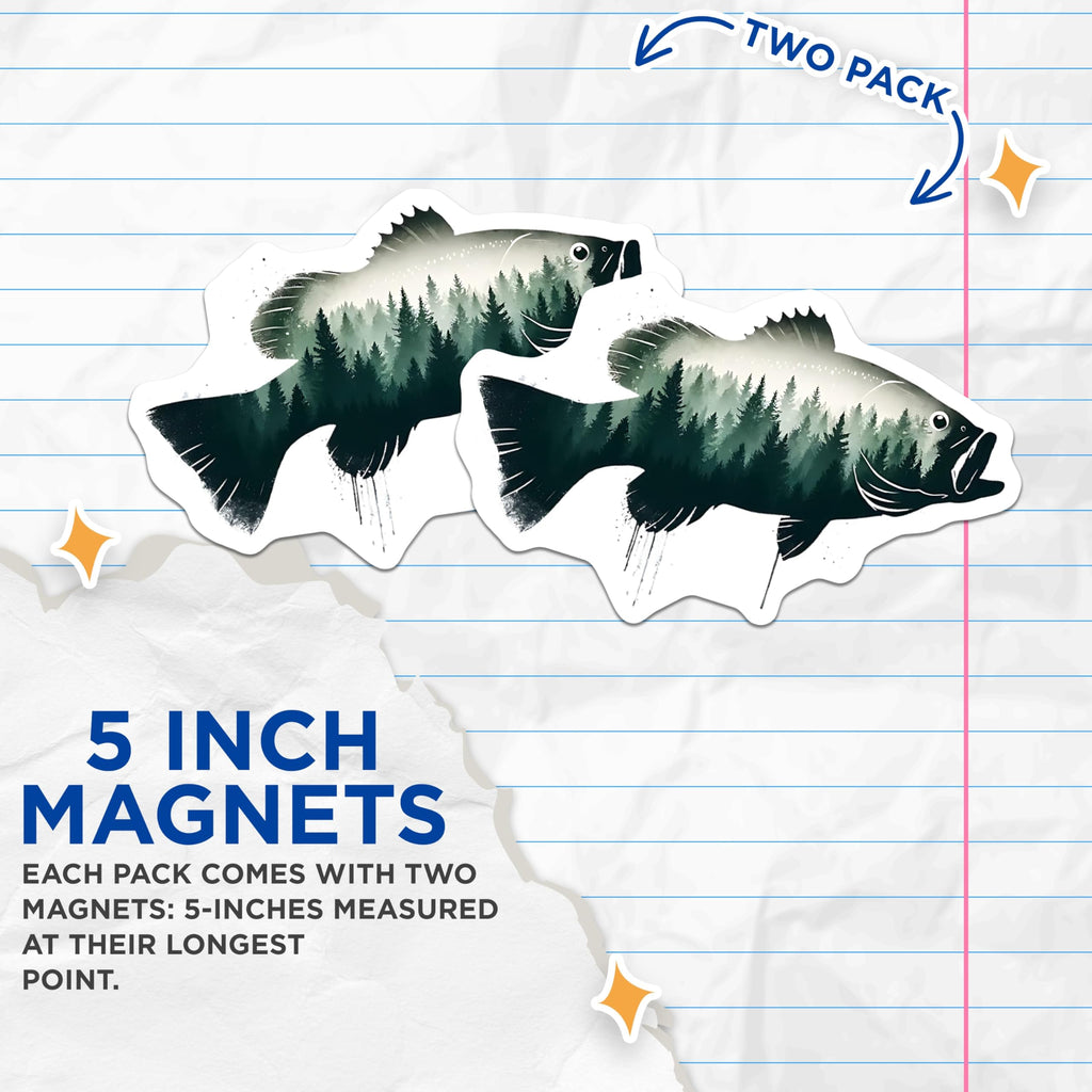 (2 Pack) Bass Fish Magnets - Nature Forest Art - Fishing Lovers Gifts - 5" On Longest Side - Premium Magnet - for Cars, Refrigerators, Toolboxes, Lockers - Made in USA - MAG15127