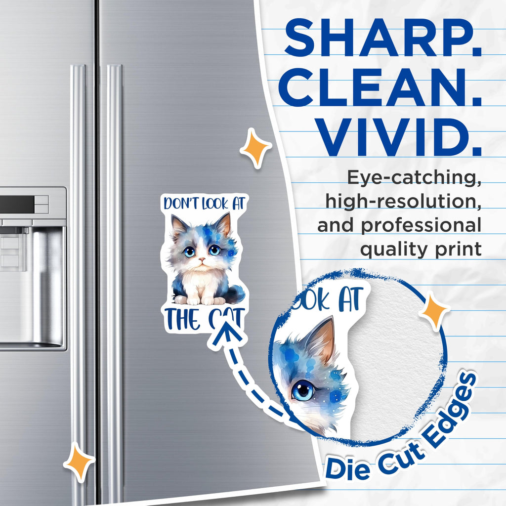 (2 Pack) Don't Look at The Cat Magnets - Blue Eyes Kitten Artwork - Cute Feline Decor - 5" On Longest Side - Premium Magnet - for Cars, Refrigerators, Toolboxes, Lockers - Made in USA - MAG16287