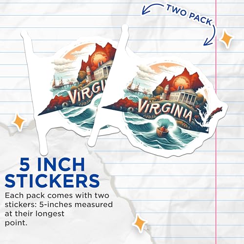 (2 Pack) Virginia State Travel Stickers - Illustrated Virginia - State Pride Decals - 5" On Longest Side - Sticks to Smooth Flat Surfaces - Made in USA - BMCS5551