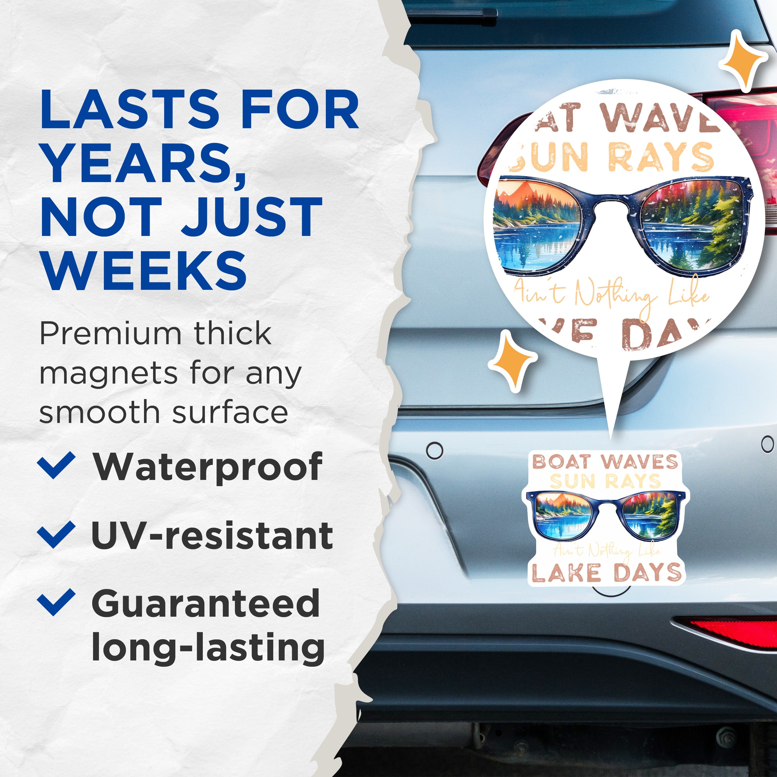 (2 Pack) Lake Life Magnets - Boat Waves Sun Rays - Summer Vacation Cabin Decor - 5 Inches On Longest Side - Thick Durable Magnet - Made in USA - MAG36790