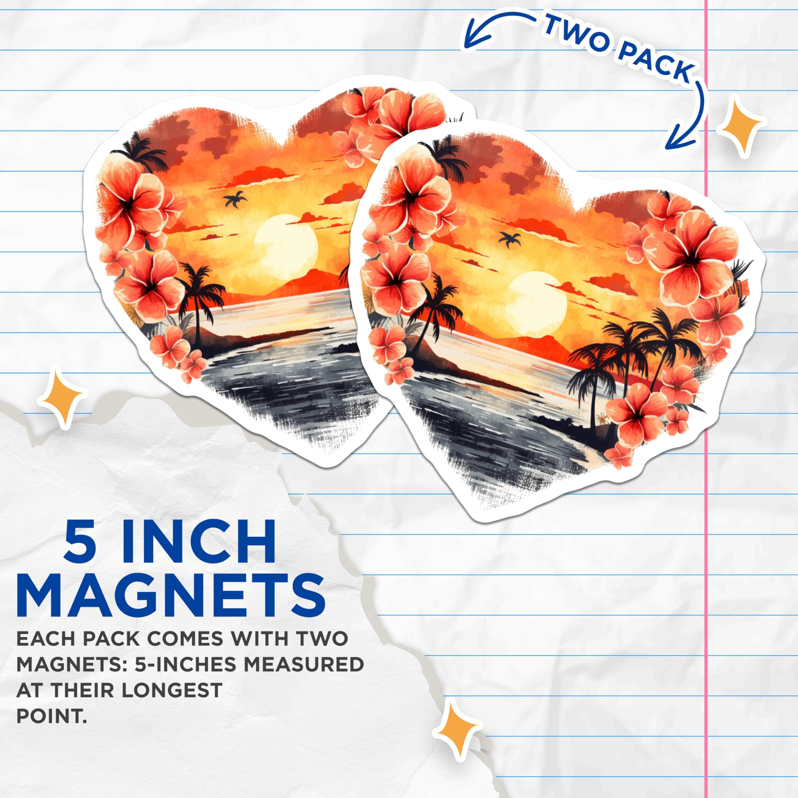 (2 Pack) Tropical Sunset Heart Magnets - Hawaiian Beach Paradise Decor - Palm Tree Ocean Scene - Summer Vacation Vibes Fridge - 5 Inches On Longest Side - Thick Durable Magnet - Made in USA - MAG20998