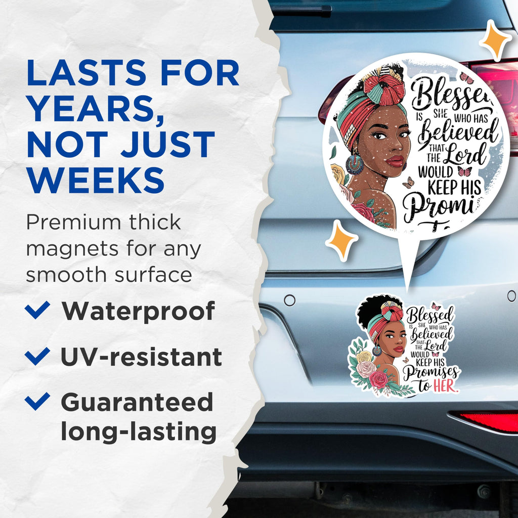 (2 Pack) Blessed She Believed Lord Promises Magnets - Religious Quote Magnets - Inspirational Scripture Magnets- 5" On Longest Side - for Fridges, Toolboxes, Cars - Made in USA - MAG3048