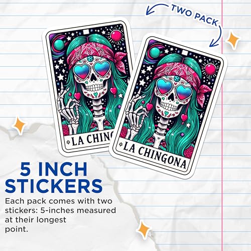 (2 Pack) La Chingona Skull Stickers - Day of The Dead Stickers - Colorful Skull Art Stickers - 5" On Longest Side - Sticks to Smooth Flat Surfaces - Made in USA - BMCS5132