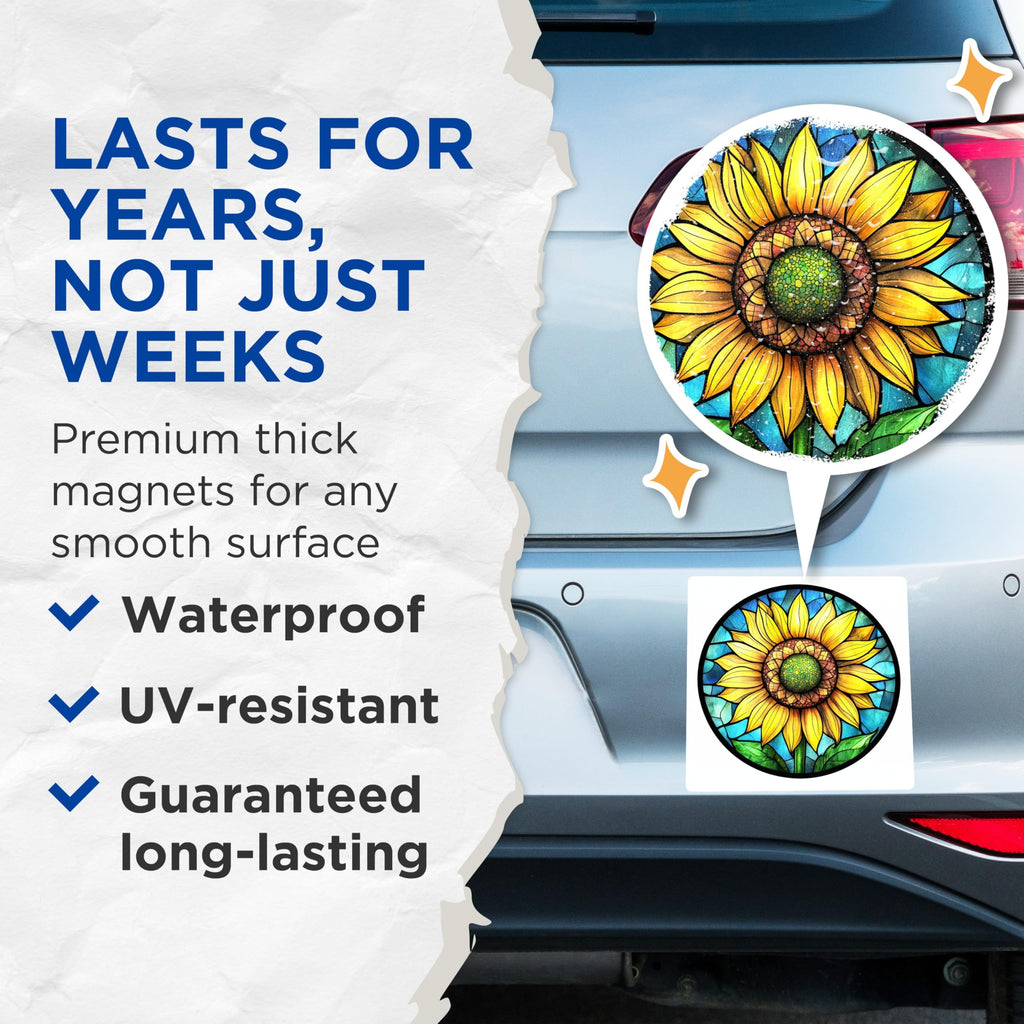 (2 Pack) Stained Glass Sunflower Magnets - Floral Kitchen Decor - Boho Fridge Accent - Summer Botanical Art - 5 Inches On Longest Side - Thick Durable Magnet - Made in USA - MAG25219