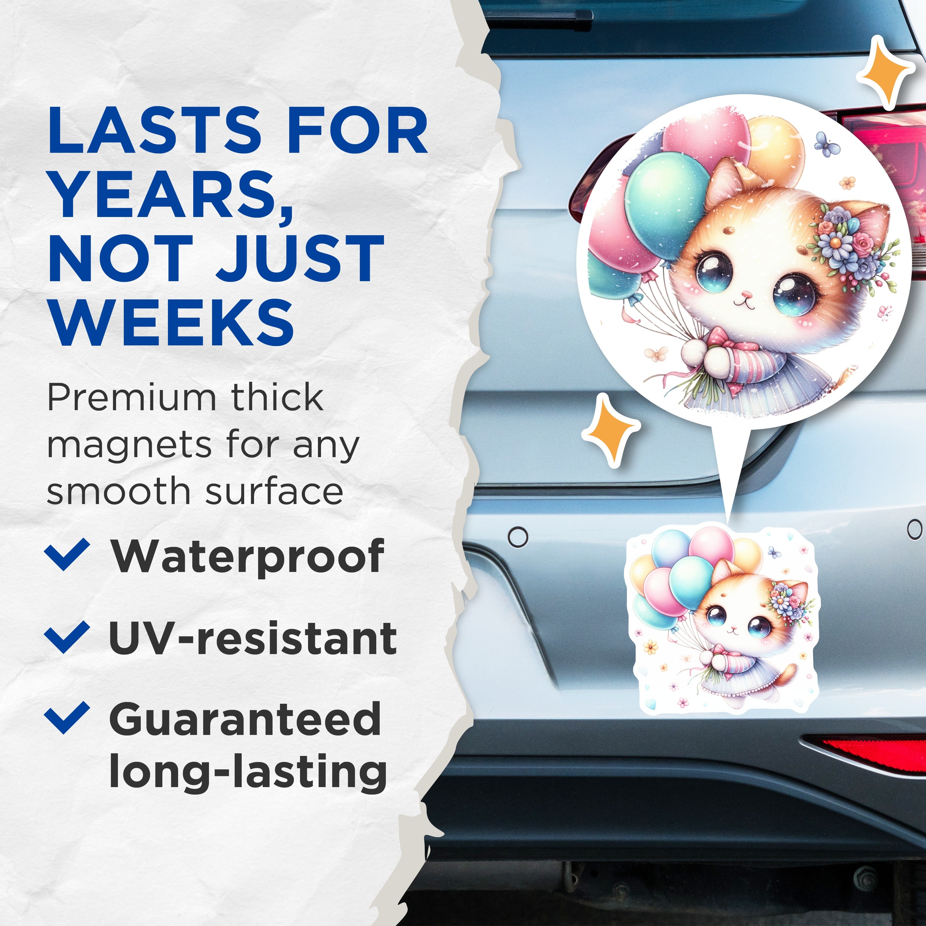 (2 Pack) Kawaii Kitten Balloons Magnets - Cute Cat Decor - Animal Lover Fridge Decor - Chibi Aesthetic Accents - 5 Inches On Longest Side - Thick Durable Magnet - Made in USA - MAG36313