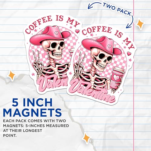 (2 Pack) Cute Skeleton Holding Coffee Cup Magnet - Funny Valentine's Day Decor - Pink Hat Sweet Graphics - 5" On Longest Side - Sticks to Smooth Flat Surfaces - Made in USA - MAG9764