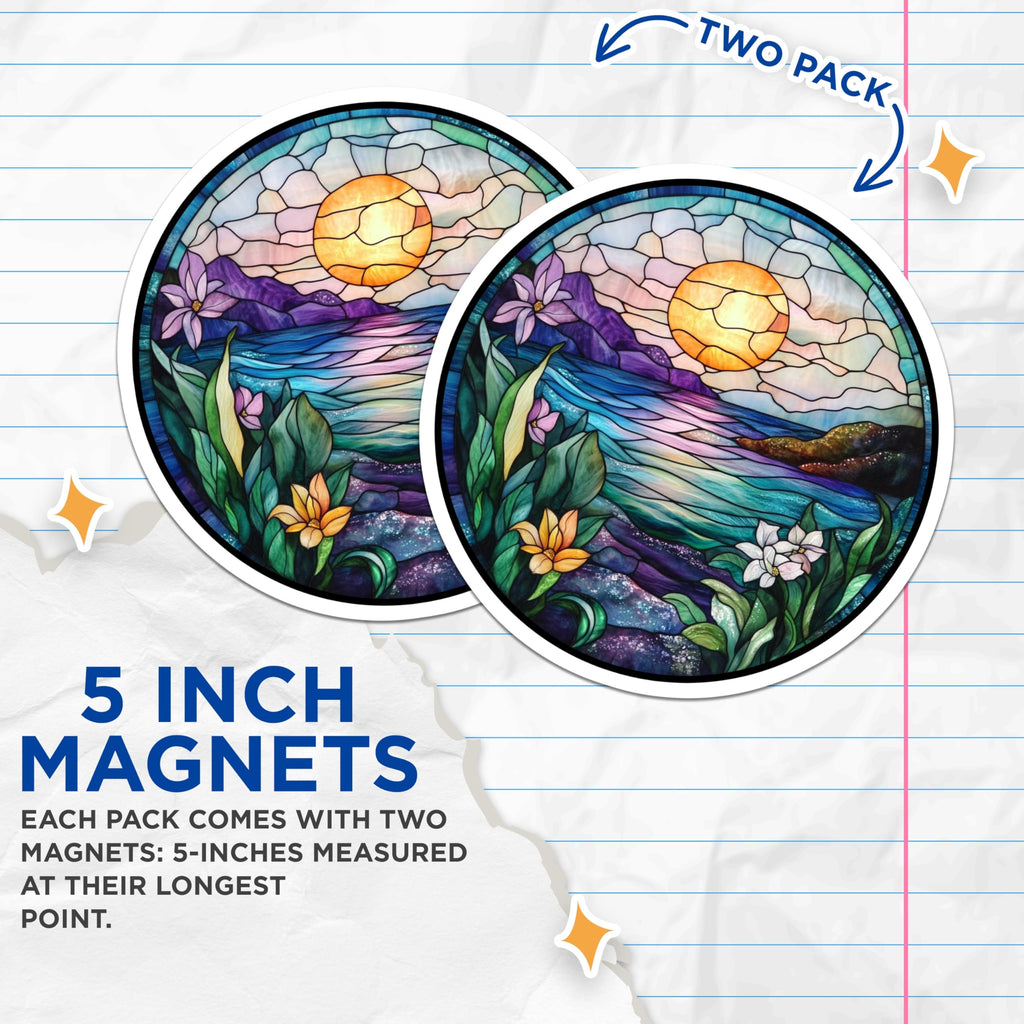 (2 Pack) Stained Glass Ocean Magnets - Vibrant Sunset Landscape - Artistic Tropical Refrigerator Accents - 5 Inches On Longest Side - Thick Durable Magnet - Made in USA - MAG24170