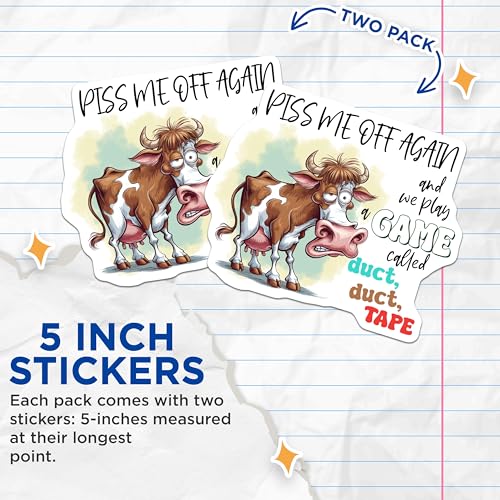 (2 Pack) Funny Cow Stickers - Duct Duct Tape Game - Humorous Animal Quote Stickers - 5" On Longest Side - Sticks to Smooth Flat Surfaces - Made in USA - BMCS9712