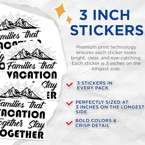 (3 Pack) Vacation Decals - Family Trip Stickers - Mountain Laptop Decal - 3 Inches On Longest Side - Easy Peel & Apply - Made in USA - 3MCS7507