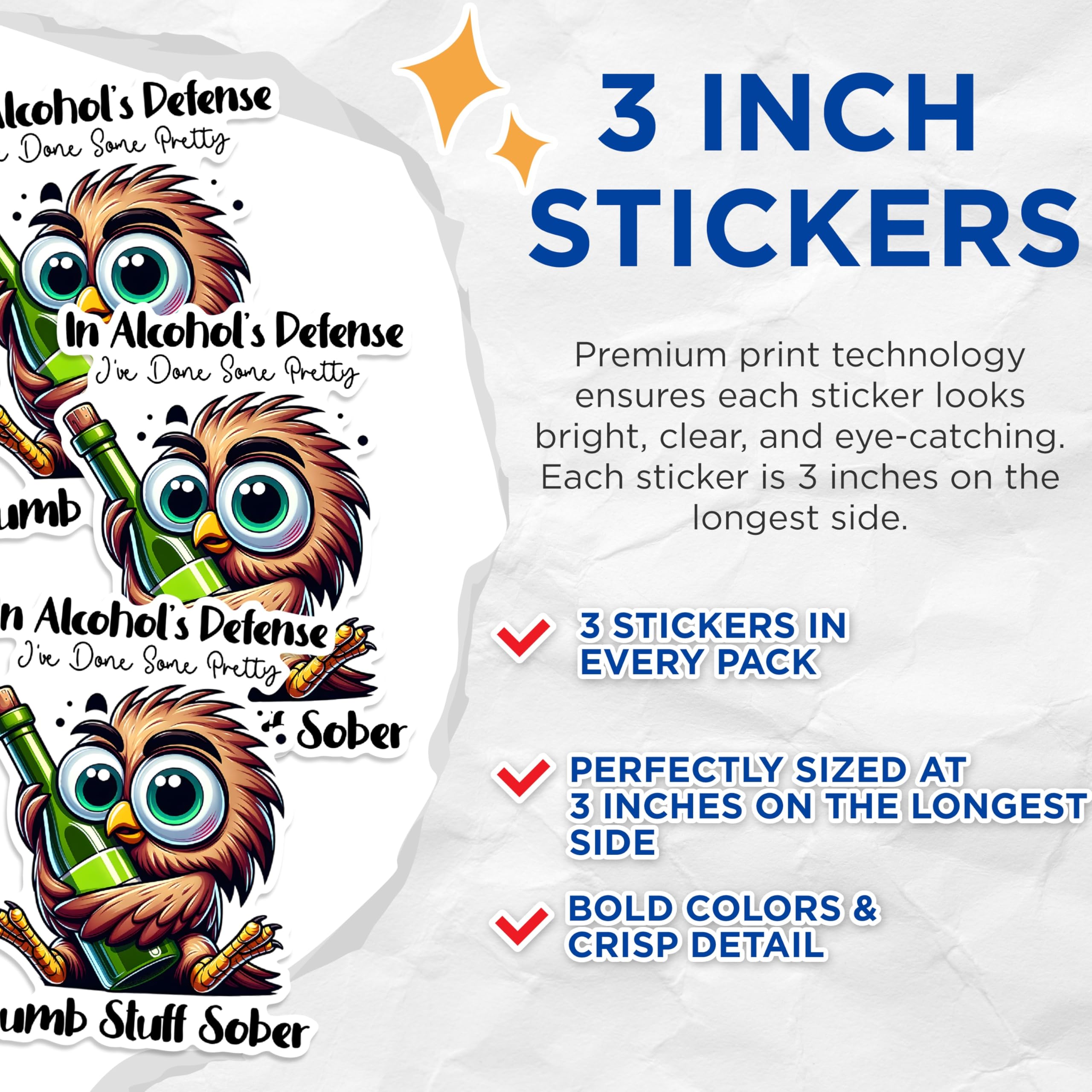 (3 Pack) Funny Owl Decals - in Alcohol's Defense - Drunk Owl Laptop Decal - 3 Inches On Longest Side - Easy Peel & Apply - Made in USA - 3MCS1723