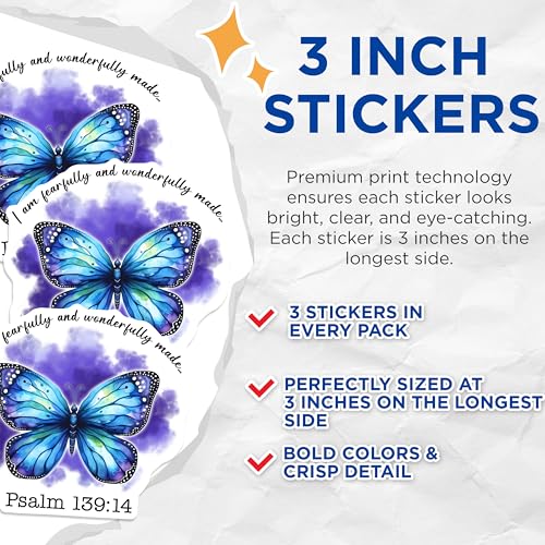 (3 Pack) Butterfly Decals - Psalm 139 14 - Fearfully Wonderfully Made - 3 Inches On Longest Side - Easy Peel & Apply - Made in USA - 3MCS8502