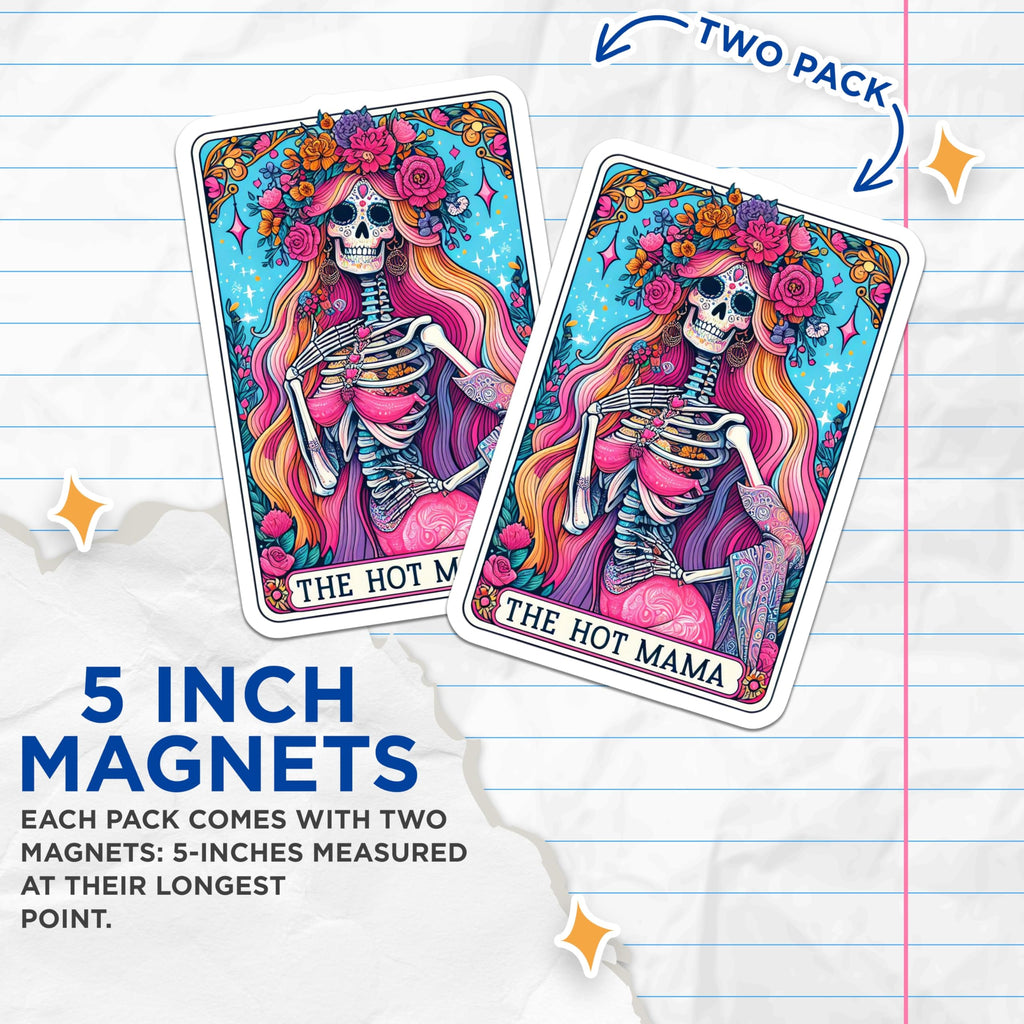 (2 Pack) Hot Mama Sugar Skull Magnets - Day of the Dead Decor - Vibrant Floral Skeleton Art - Empowered Woman Kitchen Magnets - 5 Inches On Longest Side - Thick Durable Magnet - Made in USA - MAG25781