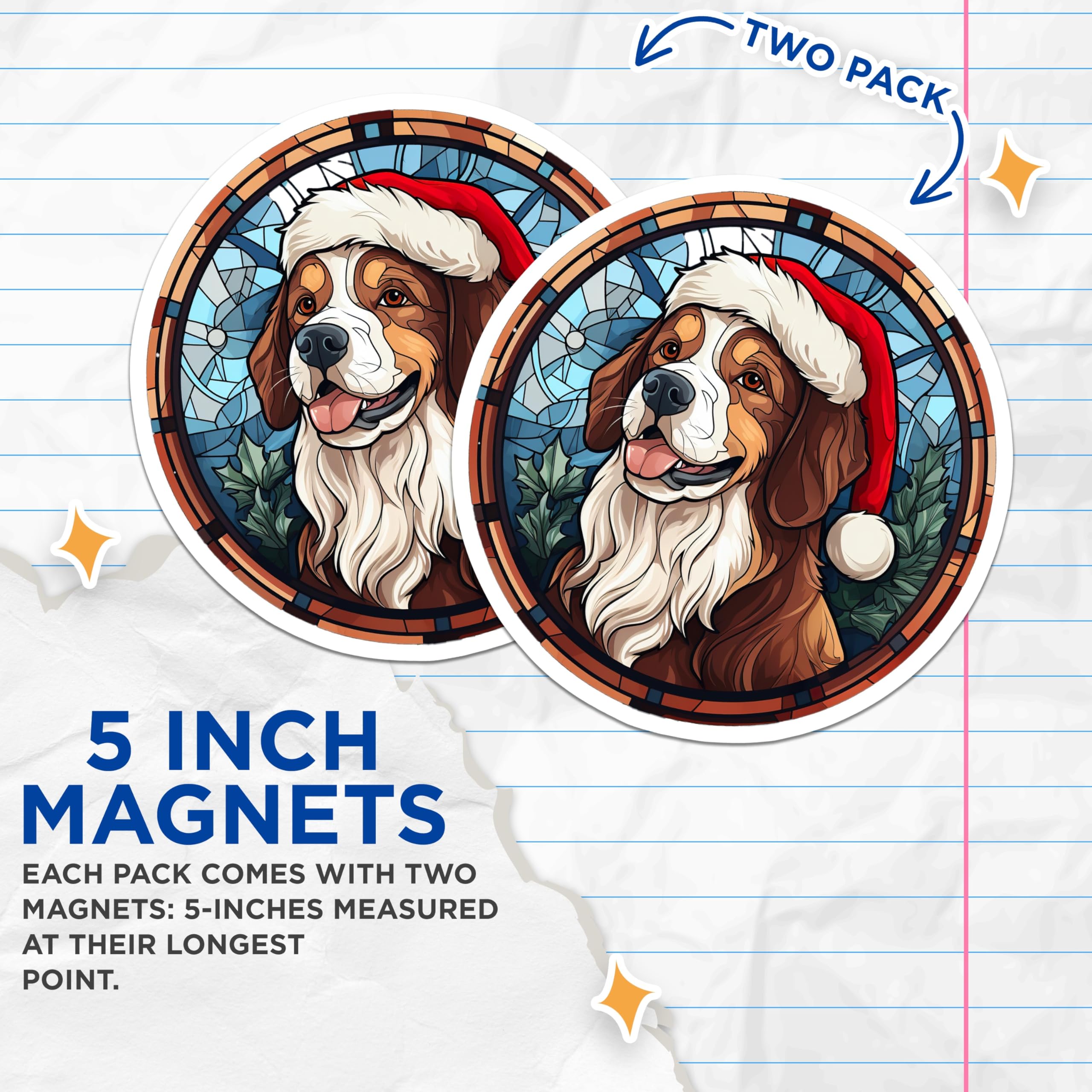 (2 Pack) Bernese Mountain Dog Christmas Magnets - Santa Hat Pet Decor - Stained Glass Holiday Art - 5 Inches On Longest Side - Thick Durable Magnet - Made in USA - MAG27235