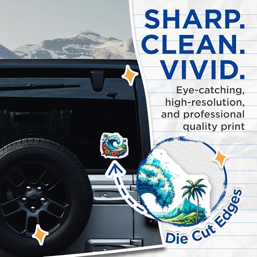 (2 Pack) Tropical Hawaiian Wave Stickers - Beach Paradise Scene - Aloha Floral Hibiscus - Ocean Island Vibes - 5" On Longest Side - Sticks to Smooth Flat Surfaces - Made in USA - BMCS6996