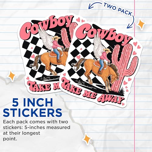 (2 Pack) Cowboy Take Me Away Stickers - Western Cowboy Stickers - Cute Cactus Stickers - 5" On Longest Side - Sticks to Smooth Flat Surfaces - Made in USA - BMCS5814