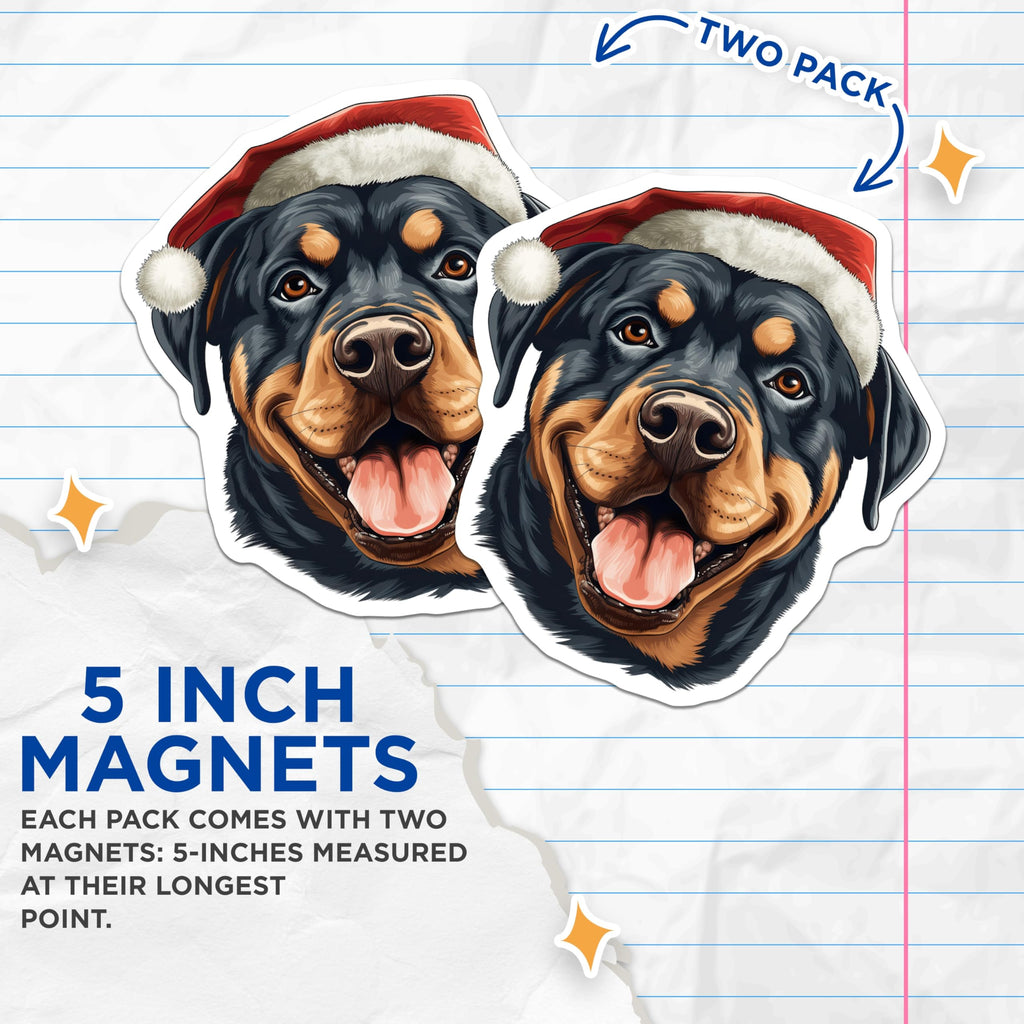 (2 Pack) Rottweiler Magnets - Christmas Dog Decor - Santa Hat Pet Lover - Holiday Doggy Fridge Decor - Canine Xmas Adornment - 5 Inches On Longest Side - Thick Durable Magnet - Made in USA - MAG23706