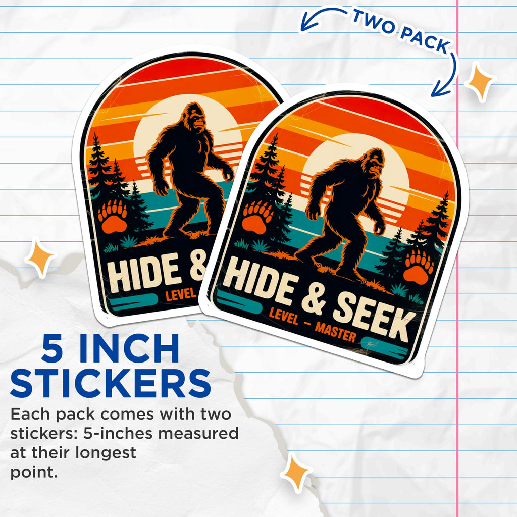 (2 Pack) Bigfoot Stickers - Sasquatch Legend - Cryptid Hunter - Hide Seek Master - Retro Outdoors Decal - 5" On Longest Side - Sticks to Smooth Flat Surfaces - Made in USA - BMCS21961