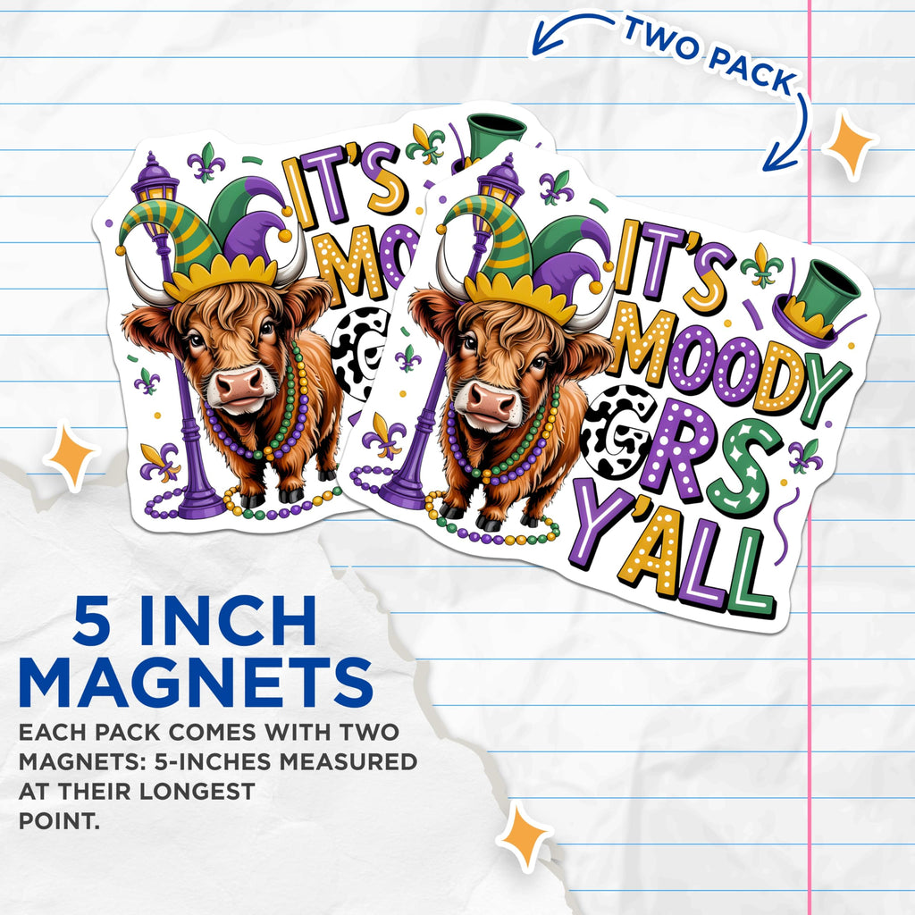 (2 Pack) Mardi Gras Highland Cow Magnets - Moody Gras Y'all Refrigerator Decor - Festive Kitchen Accent - 5 Inches On Longest Side - Thick Durable Magnet - Made in USA - MAG29672