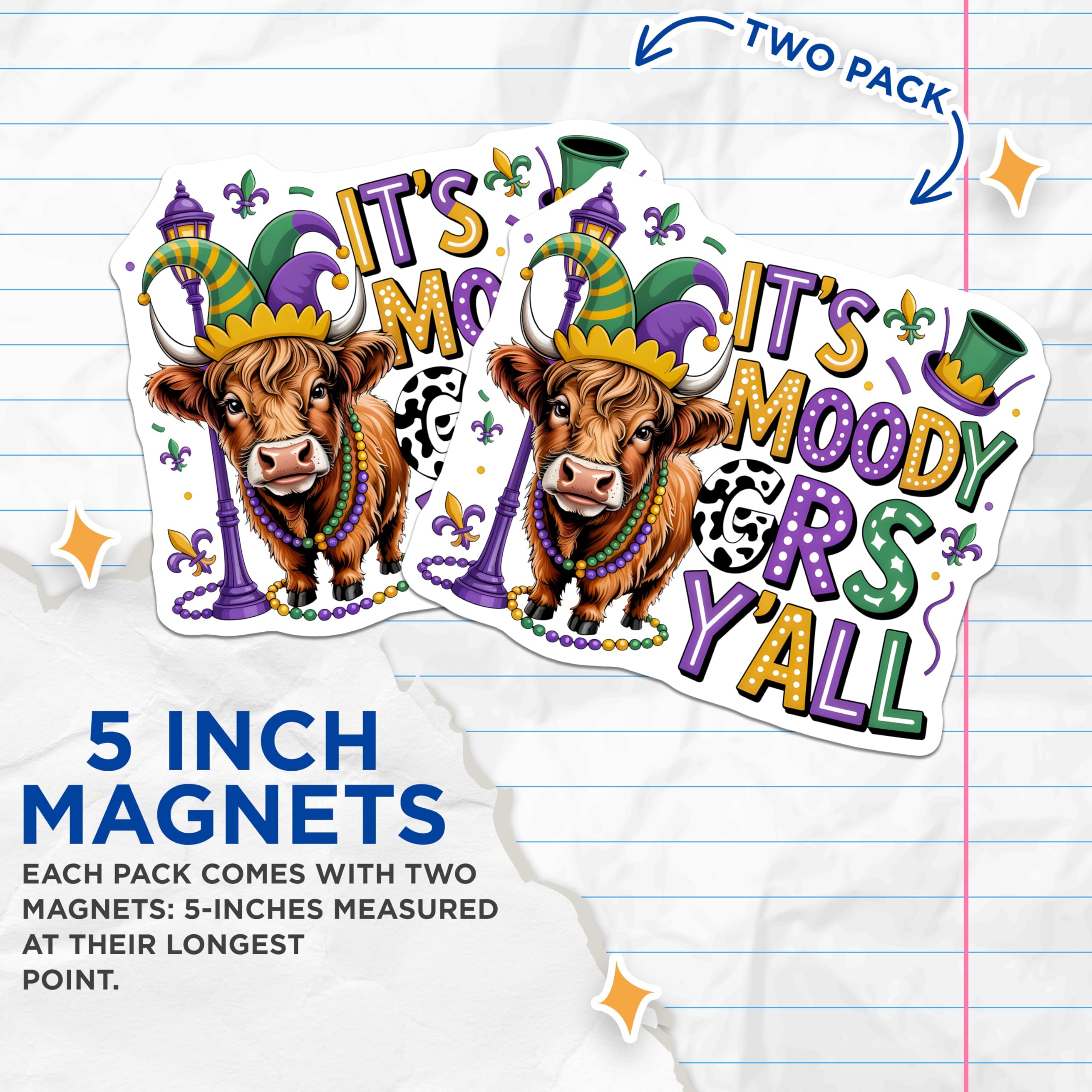 (2 Pack) Mardi Gras Highland Cow Magnets - Moody Gras Y'all Refrigerator Decor - Festive Kitchen Accent - 5 Inches On Longest Side - Thick Durable Magnet - Made in USA - MAG29672