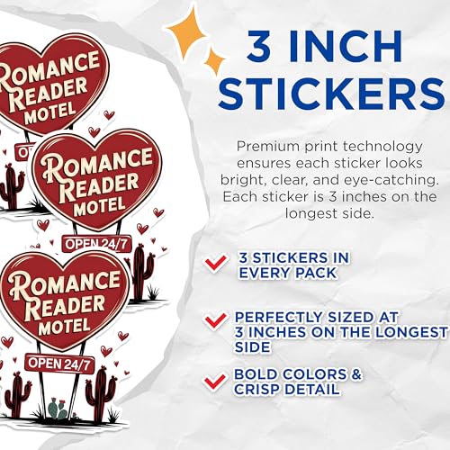 (3 Pack) Romance Reader Motel Decals - Heart Decal - Cactus Decal - 3 Inches On Longest Side - Easy Peel & Apply - Made in USA - 3MCS1818