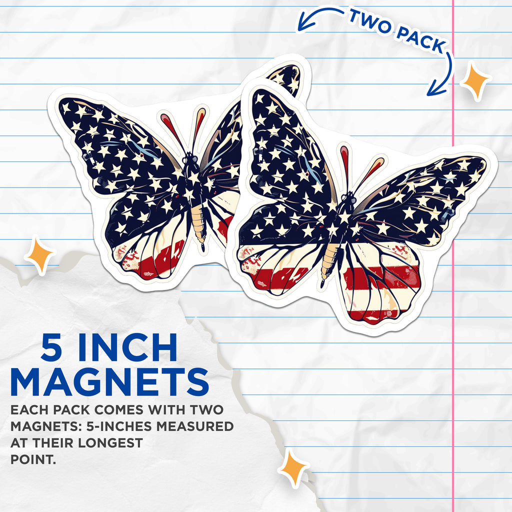 (2 Pack) American Flag Butterfly Magnets - Patriotic USA Decor - Independence Day Display - Stars Stripes Spirit - 5 Inches On Longest Side - Thick Durable Magnet - Made in USA - MAG39765