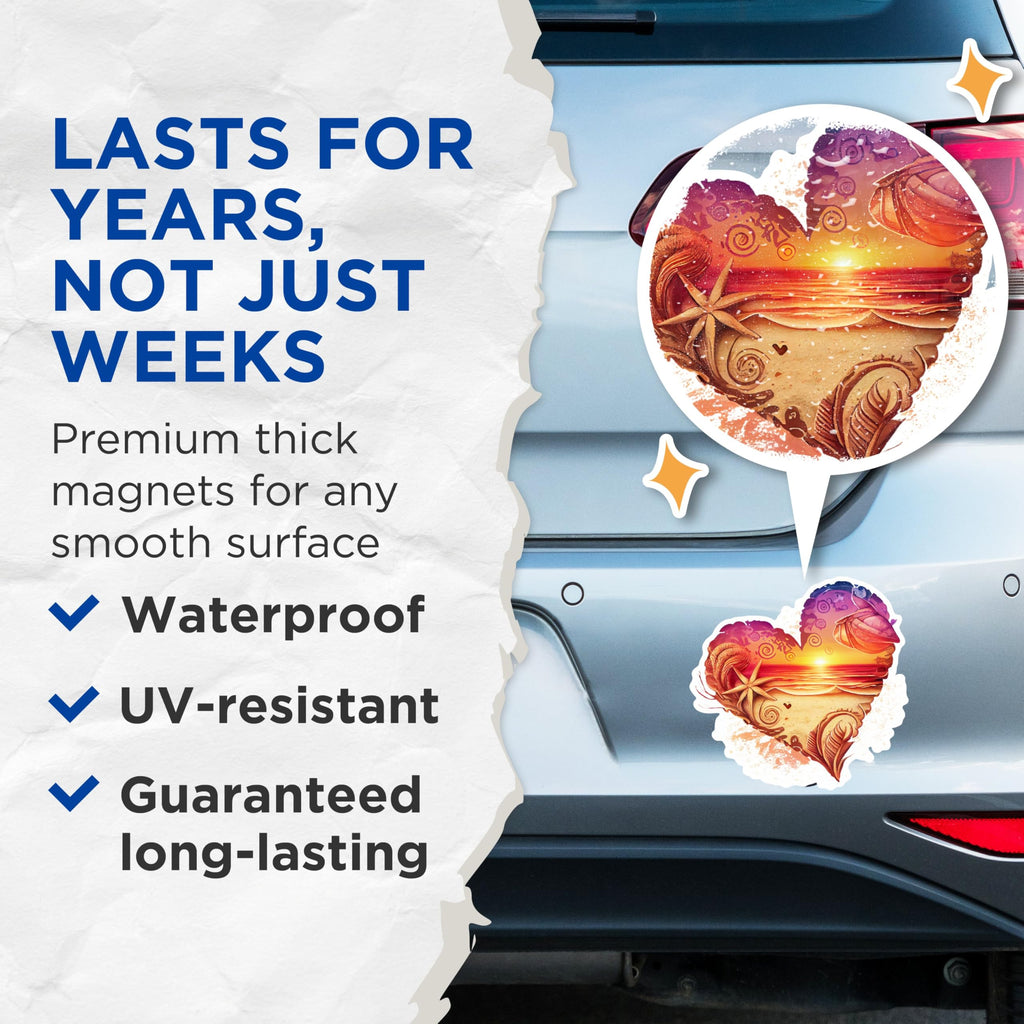 (2 Pack) Beach Sunset Heart Magnets - Coastal Shells Magnets - Starfish Ocean Decor Magnets- 5" On Longest Side - for Fridges, Toolboxes, Cars - Made in USA - MAG2856