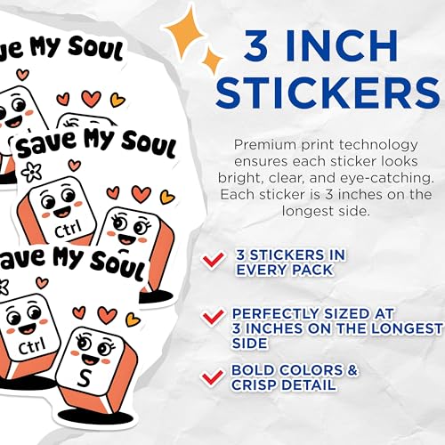 (3 Pack) Ctrl S Save My Soul Decals - Funny Computer Keyboard Stickers - Cute Laptop Decals - 3 Inches On Longest Side - Easy Peel & Apply - Made in USA - 3MCS6193