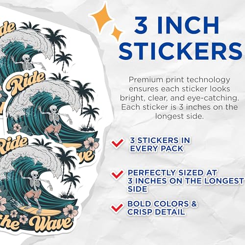 (3 Pack) Surfing Skeleton Decals - Ride The Wave Stickers - Laptop Surf Decal - 3 Inches On Longest Side - Easy Peel & Apply - Made in USA - 3MCS0566