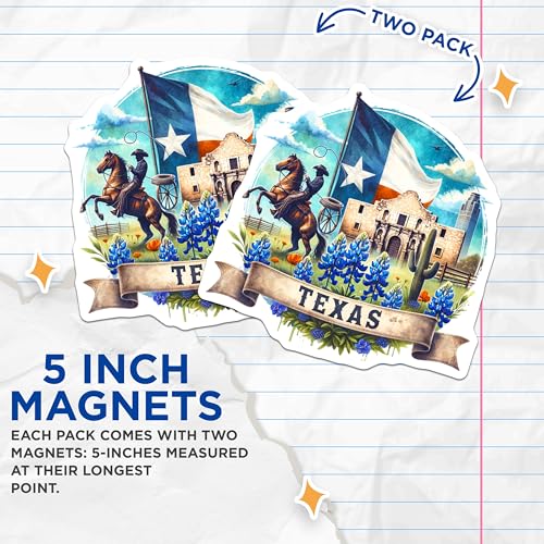 (2 Pack) Texas Themed Magnets - Souvenir Magnets - State Pride Magnets - 5" On Longest Side - for Cars, Fridges, Toolboxes - Made in USA - MAG7074