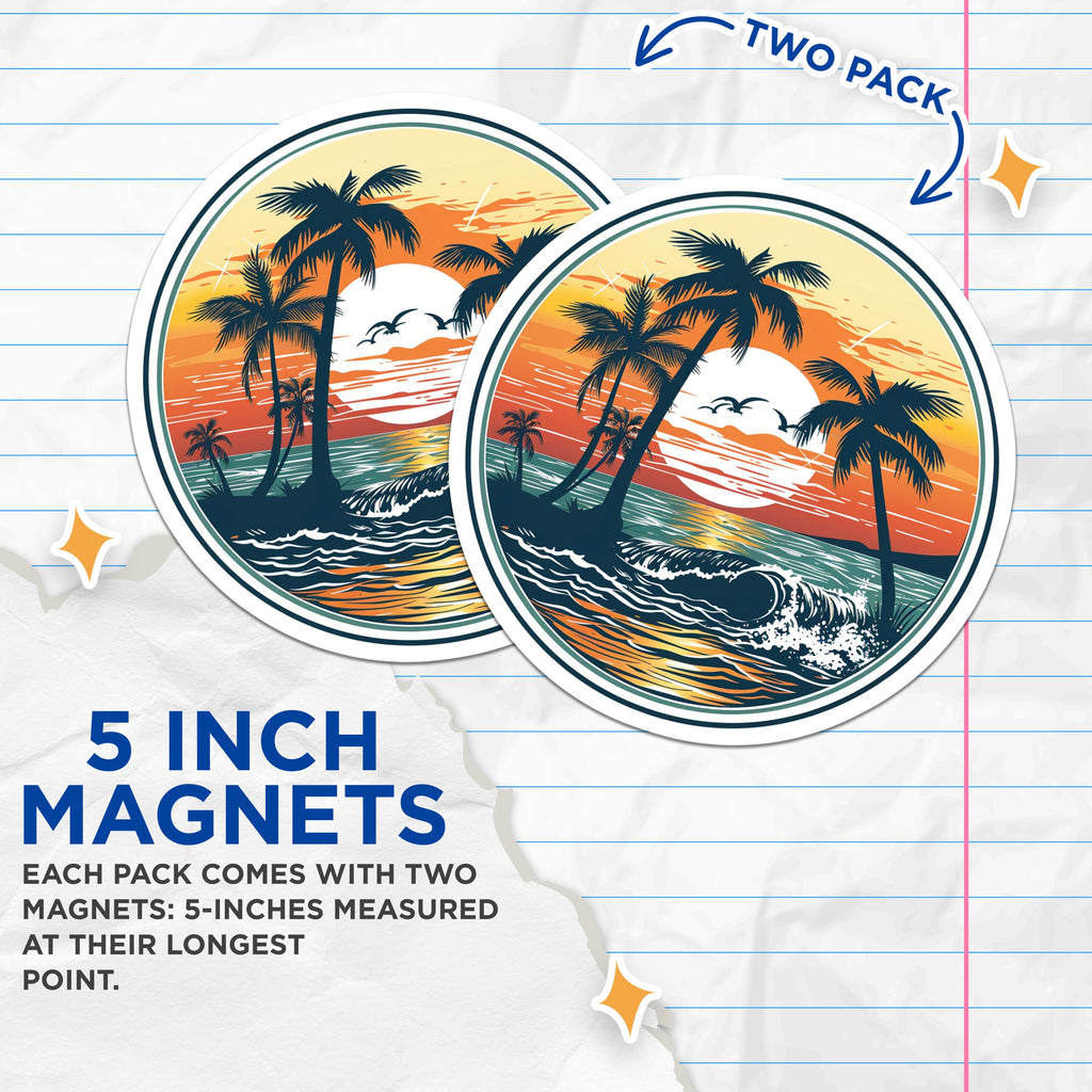 (2 Pack) Beach Sunset Magnets - Tropical Palm Tree - Ocean Wave Art - Summer Vacation Decor - Travel Souvenir - 5 Inches On Longest Side - Thick Durable Magnet - Made in USA - MAG38200