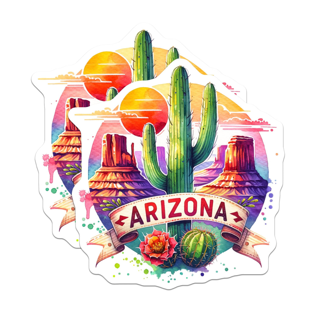 (2 Pack) Arizona Scenic Stickers - Desert Art - Cactus Watercolor - 5" On Longest Side - Sticks to Smooth Flat Surfaces - Made in USA - BMCS6828