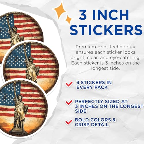 (3 Pack) Statue of Liberty Decals - American Flag - Patriotic USA Decal - 3 Inches On Longest Side - Easy Peel & Apply - Made in USA - 3MCS8196