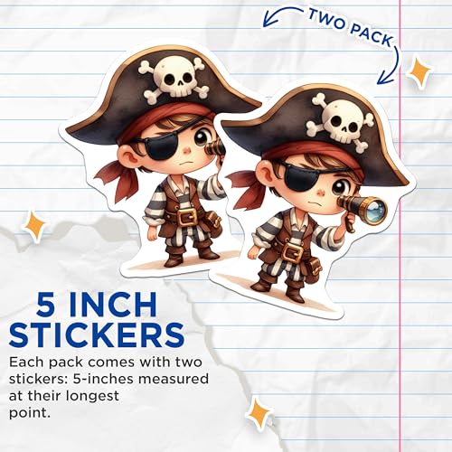 (2 Pack) Pirate Kid Stickers - Cute Pirate - Kids Room Decor - Adventure Theme Stickers - 5" On Longest Side - Sticks to Smooth Flat Surfaces - Made in USA - BMCS7208