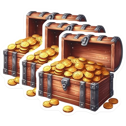 (3 Pack) Treasure Chest Decals - Gold Coins Decal - Pirate Treasure Decal- 3 Inches On Longest Side - Easy Peel & Apply - Made in USA - 3MCS5628