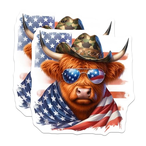 (2 Pack) Highland Cow Stickers - Patriotic Animal - Cool Sunglasses Bull Sticker - 5" On Longest Side - Sticks to Smooth Flat Surfaces - Made in USA - BMCS6353