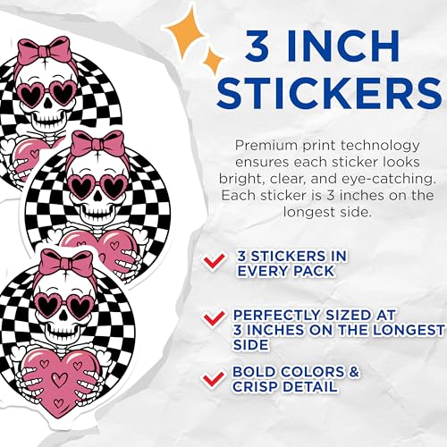 (3 Pack) Skeleton Decals - Heart Sunglasses - Cute Skull Bow - 3 Inches On Longest Side - Easy Peel & Apply - Made in USA - 3MCS2241