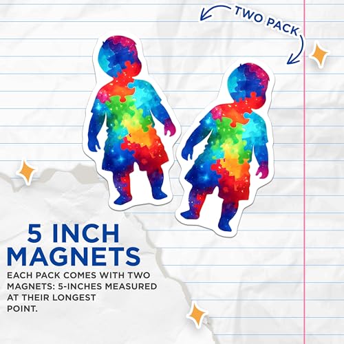 (2 Pack) Colorful Puzzle Child Magnets - Rainbow Illustration - Inspirational Puzzle Piece Art - 5" On Longest Side - for Cars, Fridges, Toolboxes - Made in USA - MAG7901