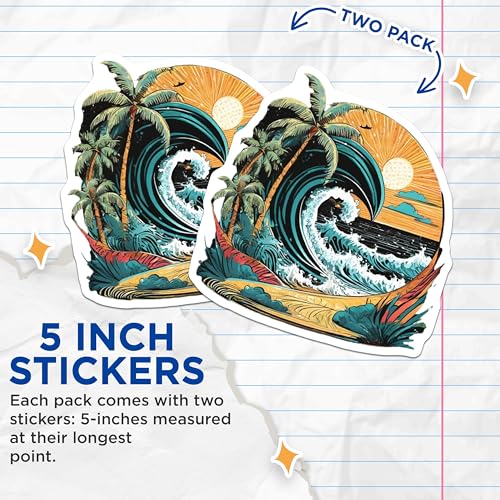 (2 Pack) Tropical Beach Wave Stickers - Coastal Surf Art Decal - 5" On Longest Side - Sticks to Smooth Flat Surfaces - Made in USA - BMCS9252 - BMCS9252