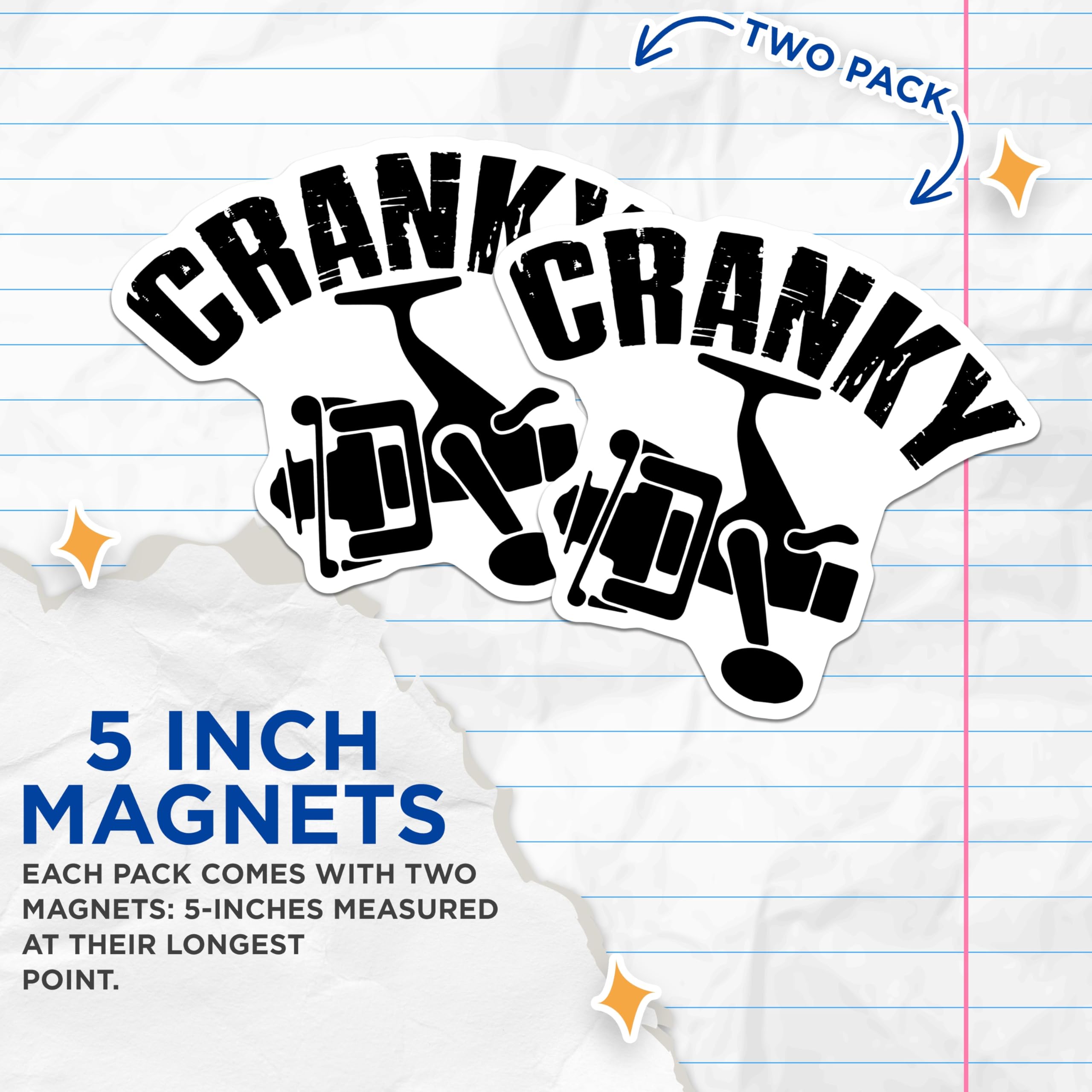 (2 Pack) Fishing Reel Magnets - Cranky Angler Decor - Fishing Enthusiast Magnet - 5" On Longest Side - Premium Magnet - for Cars, Refrigerators, Toolboxes, Lockers - Made in USA - MAG17133