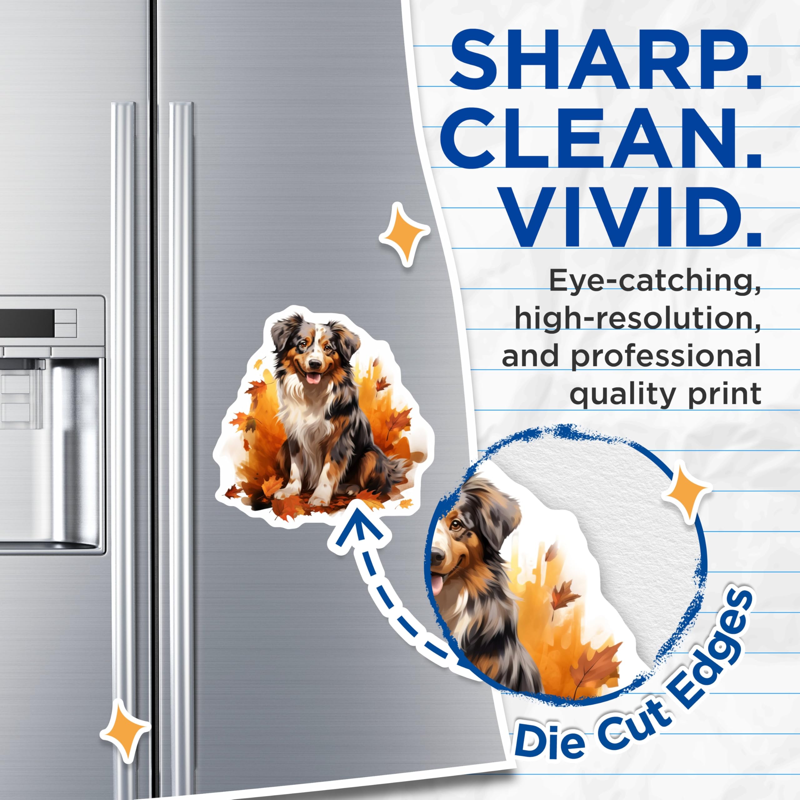 (2 Pack) Australian Shepherd Magnets - Autumn Dog Art - Rustic Fall Kitchen Decor - Pet Lover Refrigerator Magnet - 5 Inches On Longest Side - Thick Durable Magnet - Made in USA - MAG25575