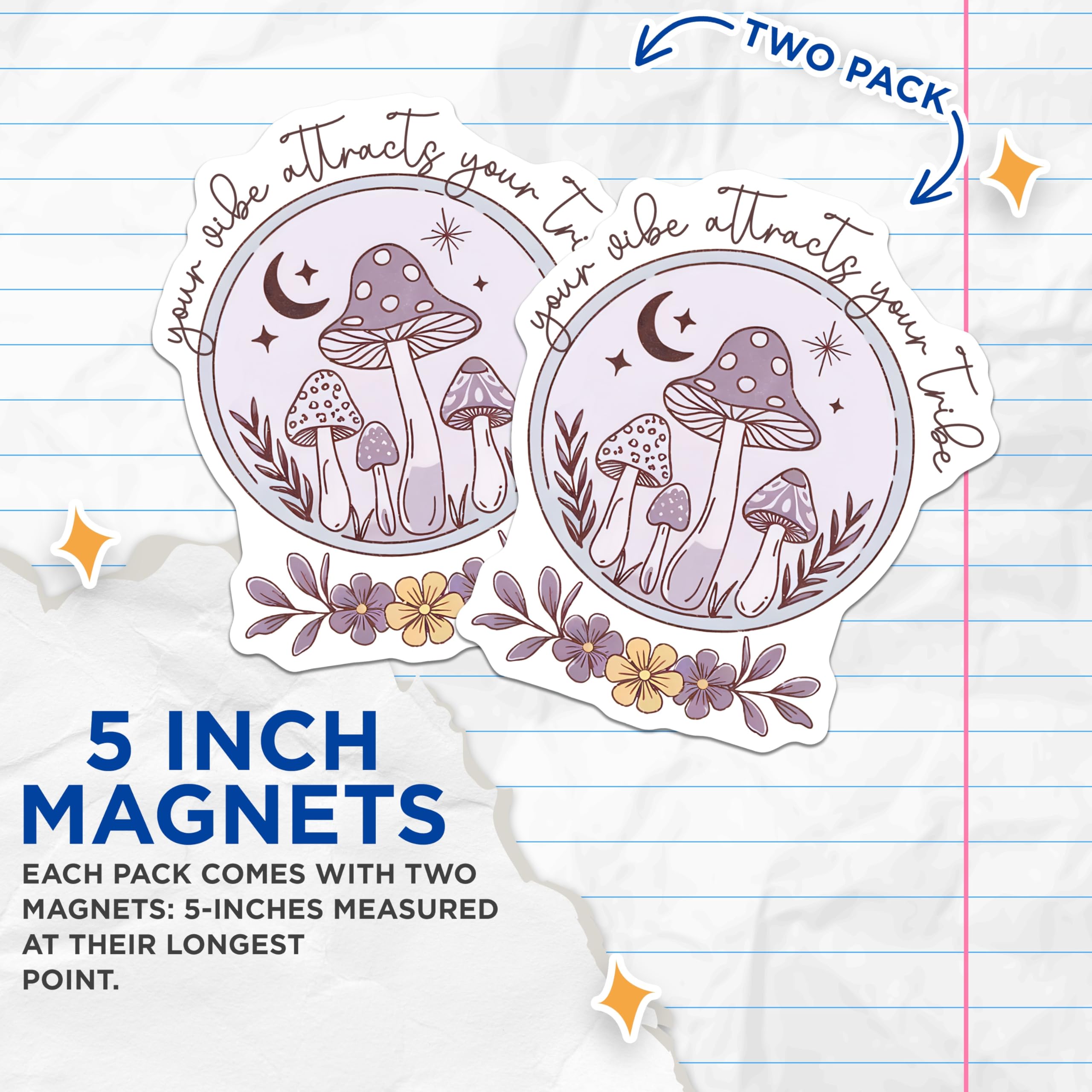 (2 Pack) Mushroom Magnets - Vibe Attracts Tribe - Boho Refrigerator Magnets - 5" On Longest Side - Premium Magnet - for Cars, Refrigerators, Toolboxes, Lockers - Made in USA - MAG18855