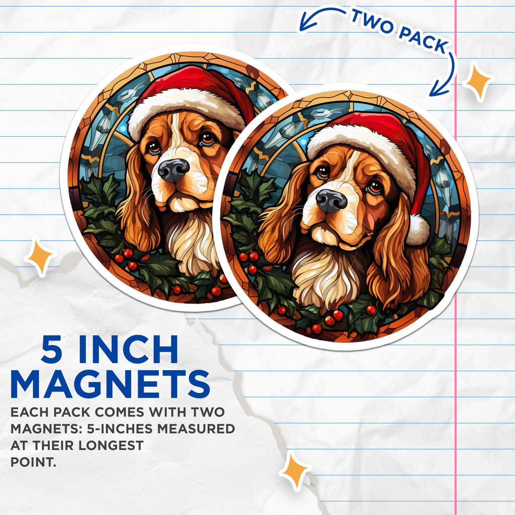 (2 Pack) Cavalier King Charles Magnets - Stained Glass Christmas Dog - Santa Hat Holiday Decor - 5 Inches On Longest Side - Thick Durable Magnet - Made in USA - MAG29638