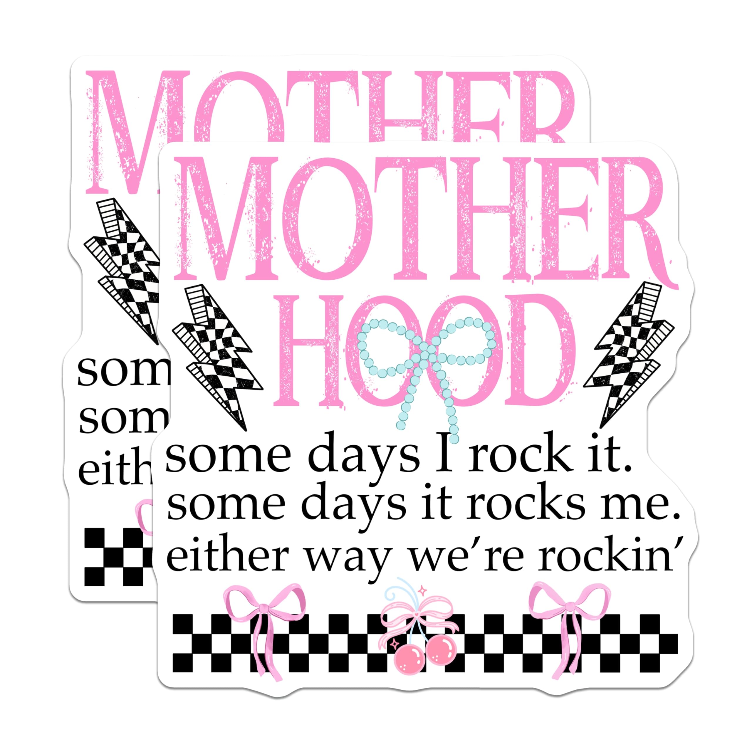 (2 Pack) Motherhood Magnets - Funny Mom Life Quote - Vintage Rockabilly Style - Checkerboard Lightning Bolts Cherries - 5 Inches On Longest Side - Thick Durable Magnet - Made in USA - MAG21569