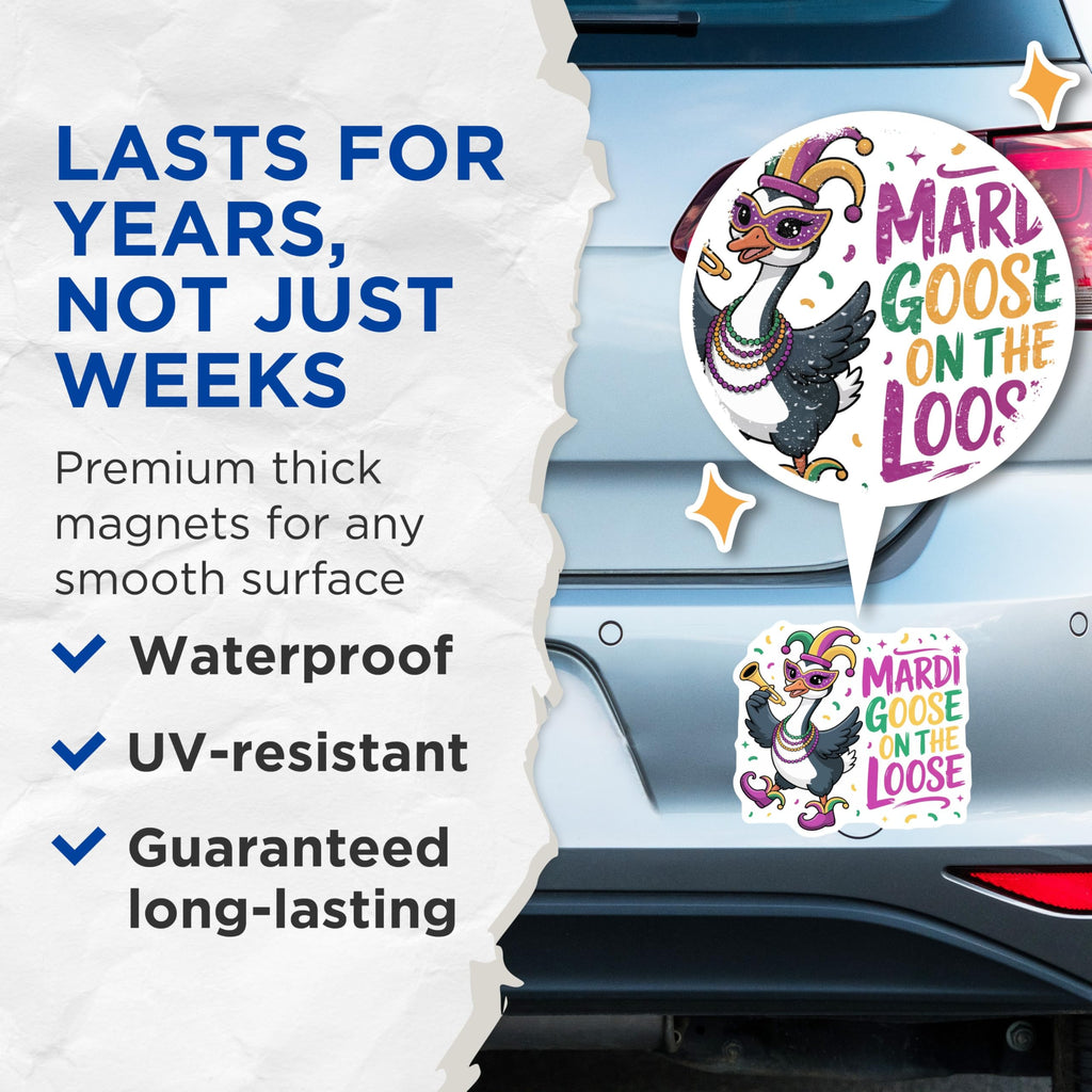 (2 Pack) Mardi Goose On The Loose Magnets - Festive Carnival Celebration Decor - New Orleans Parade Party Accessory - 5 Inches On Longest Side - Thick Durable Magnet - Made in USA - MAG22070