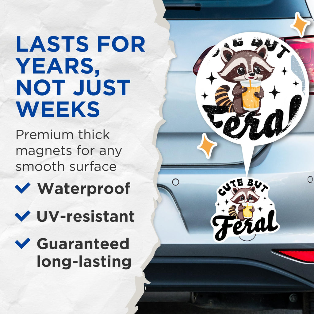 (2 Pack) Cute But Feral Magnets - Funny Raccoon Magnets - Cute Animal Magnets - 5" On Longest Side - for Cars, Refrigerators, Toolboxes, Lockers - Made in USA BMCS3410