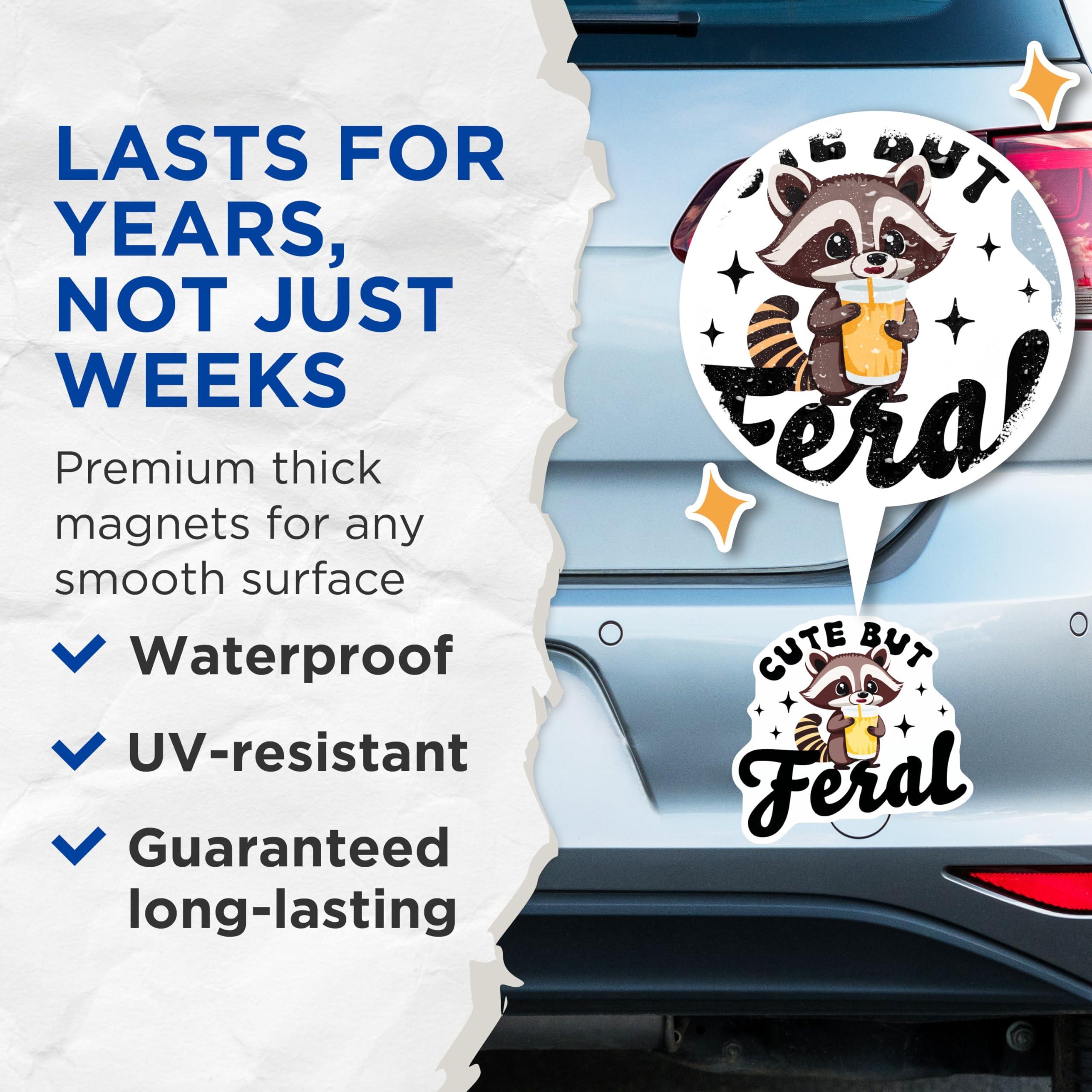 (2 Pack) Cute But Feral Magnets - Funny Raccoon Magnets - Cute Animal Magnets - 5" On Longest Side - for Cars, Refrigerators, Toolboxes, Lockers - Made in USA BMCS3410