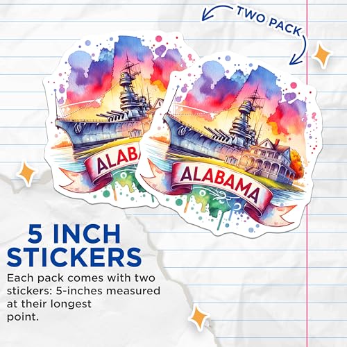 (2 Pack) Alabama Battleship Stickers - State Pride - Vintage Art - 5" On Longest Side - Sticks to Smooth Flat Surfaces - Made in USA - BMCS6771