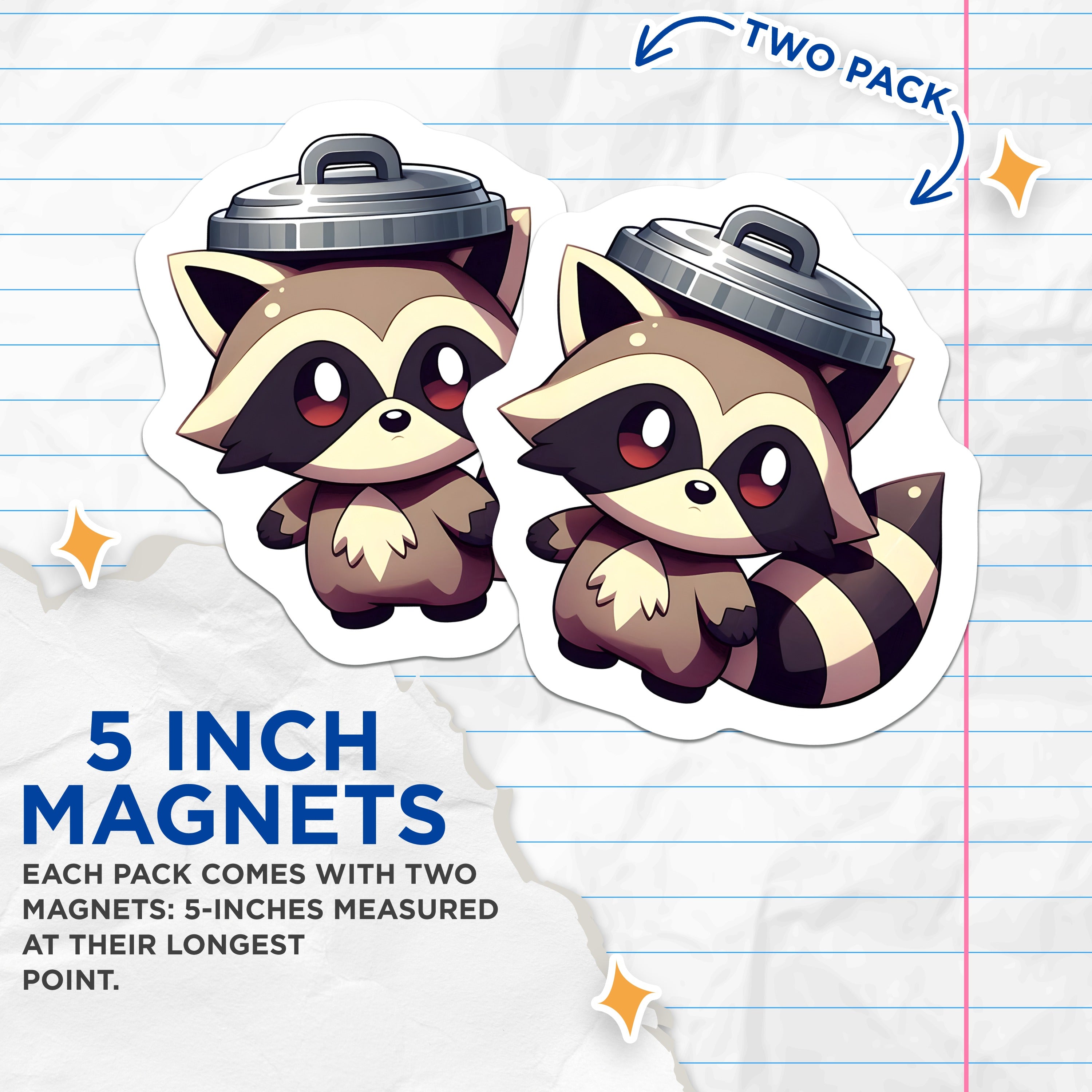 (2 Pack) Cute Raccoon Magnets - Trash Panda Decor - Funny Animal Magnet - Chibi Refrigerator Magnets - 5 Inches On Longest Side - Thick Durable Magnet - Made in USA - MAG39564